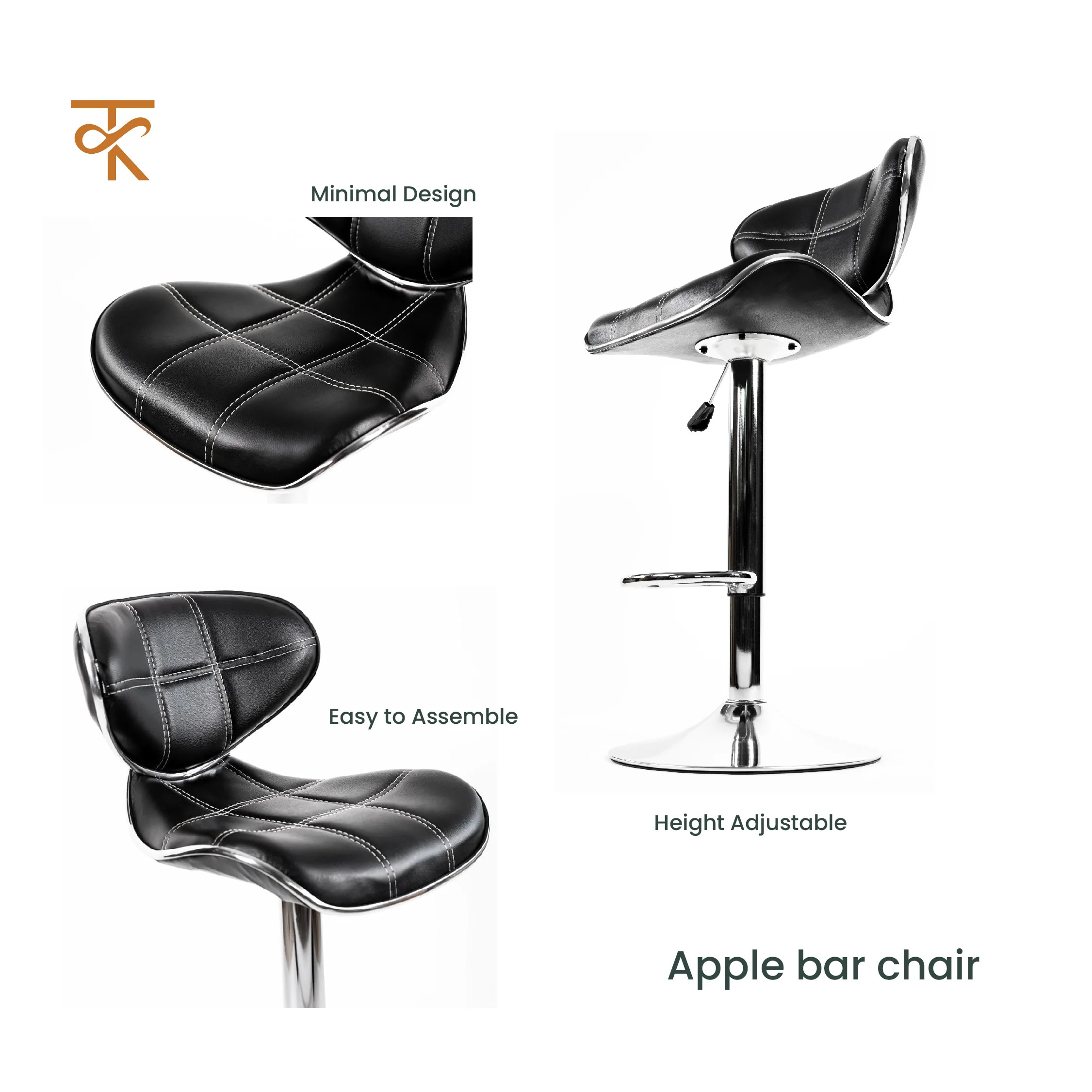 Apple Bar Chair - Stylish Revolving Bar Stool with 360° Swivel Seat & Footrest for Kitchen, Cafe, Bar Counter, 6-Month Warranty Black (Pack of 1) - Image 4