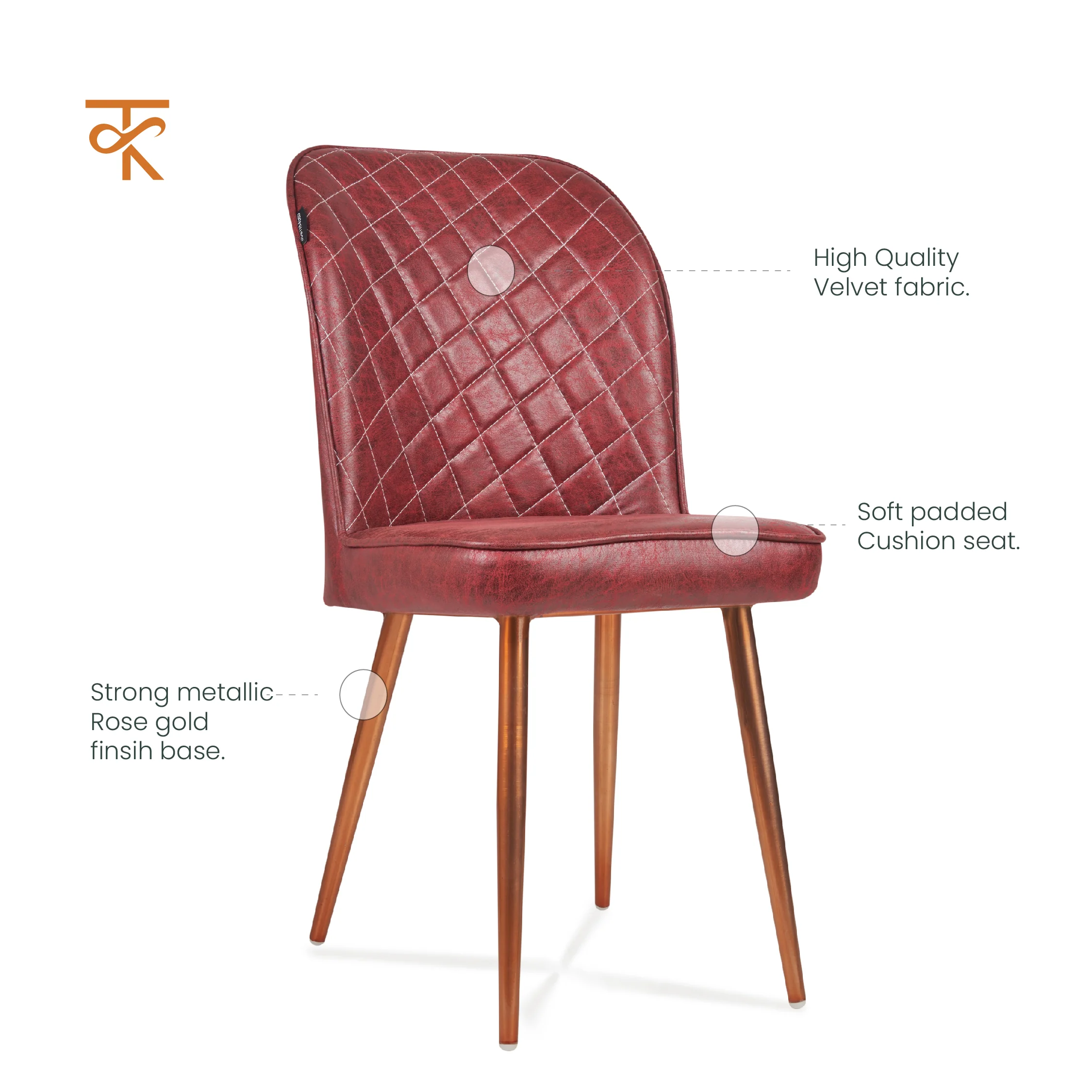 Barfi Chair - Modern Velvet Accent Chair for Living Room, Bedroom & Dining with Heavy-Duty Rose Gold Legs , 6 Months Warranty, Maroon (Pack of 1) - Image 4