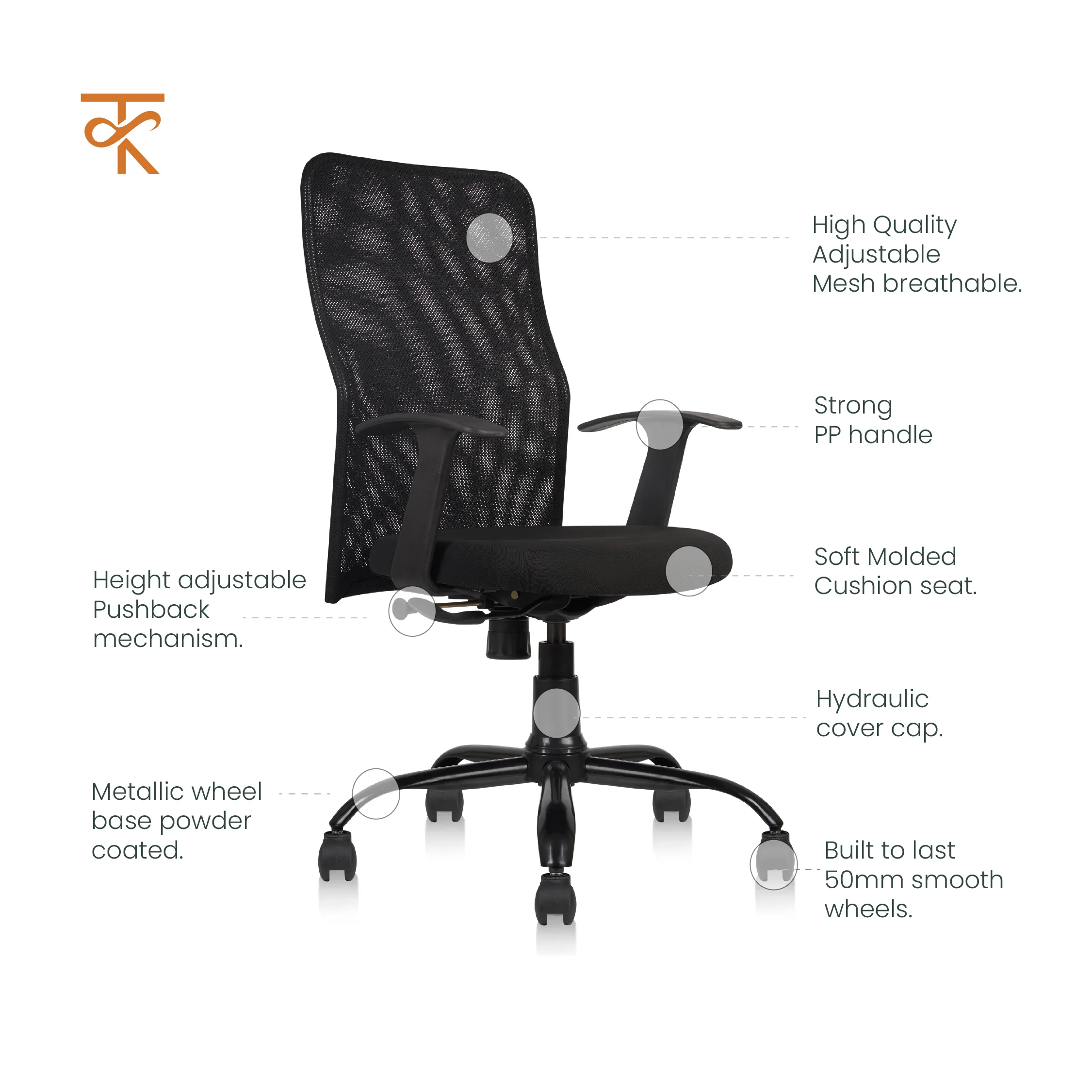 Comforto High Back Mesh Office Chair -Ergonomic Design, Adjustable Height & Tilt, 6 Month Warranty (Black) - Image 4