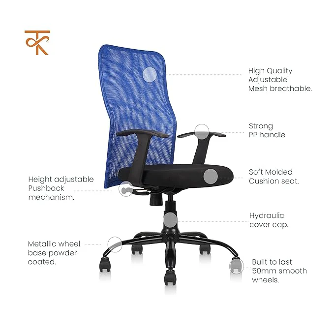 Comforto High Back Mesh Office Chair -Ergonomic Design, Adjustable Height & Tilt, 6 Month Warranty (Blue) - Image 4