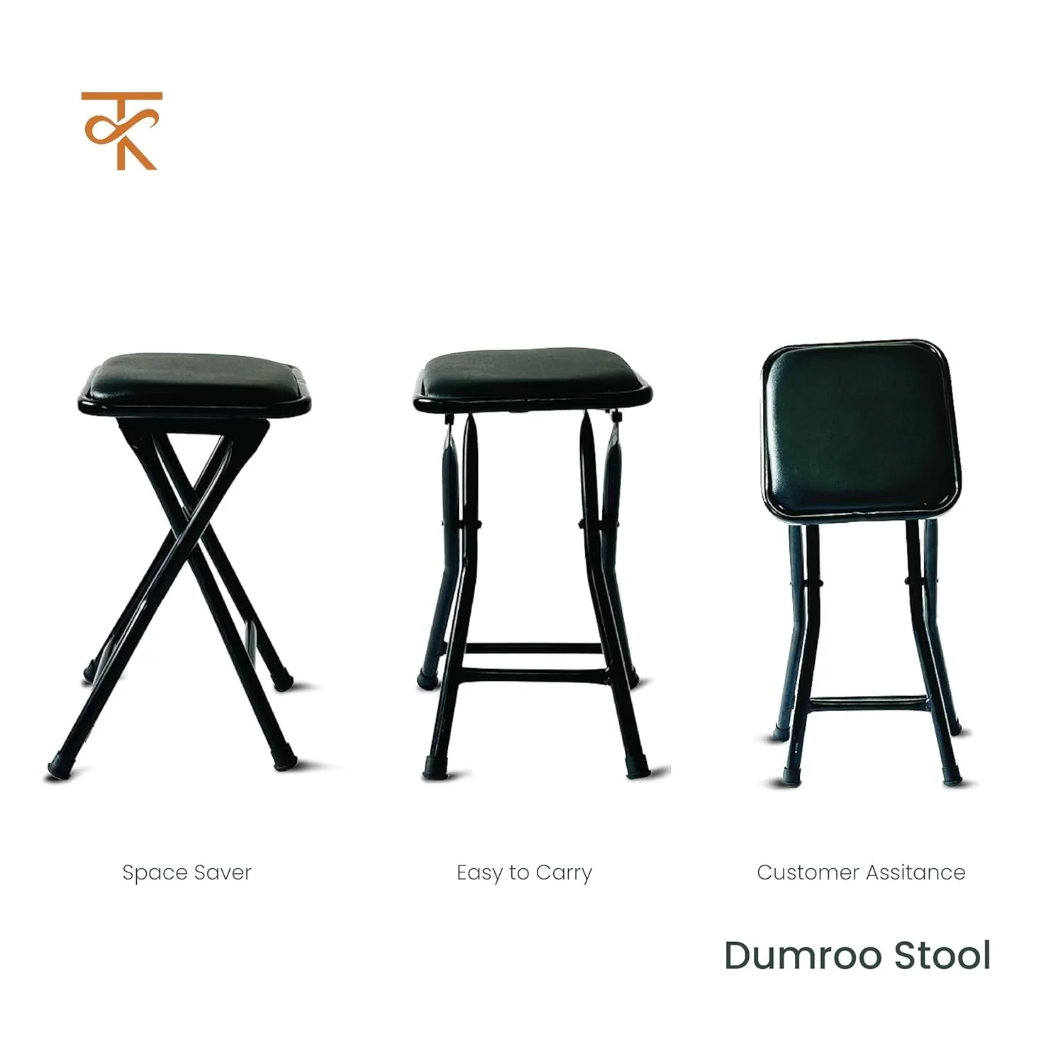 Dumroo Folding Stool with Black Cushioned Seat, Heavy-Duty Black Metal Legs, Collapsible Stool for Office, Dorm, Game Room - 6 Months Warranty (Pack of 2) - Image 4