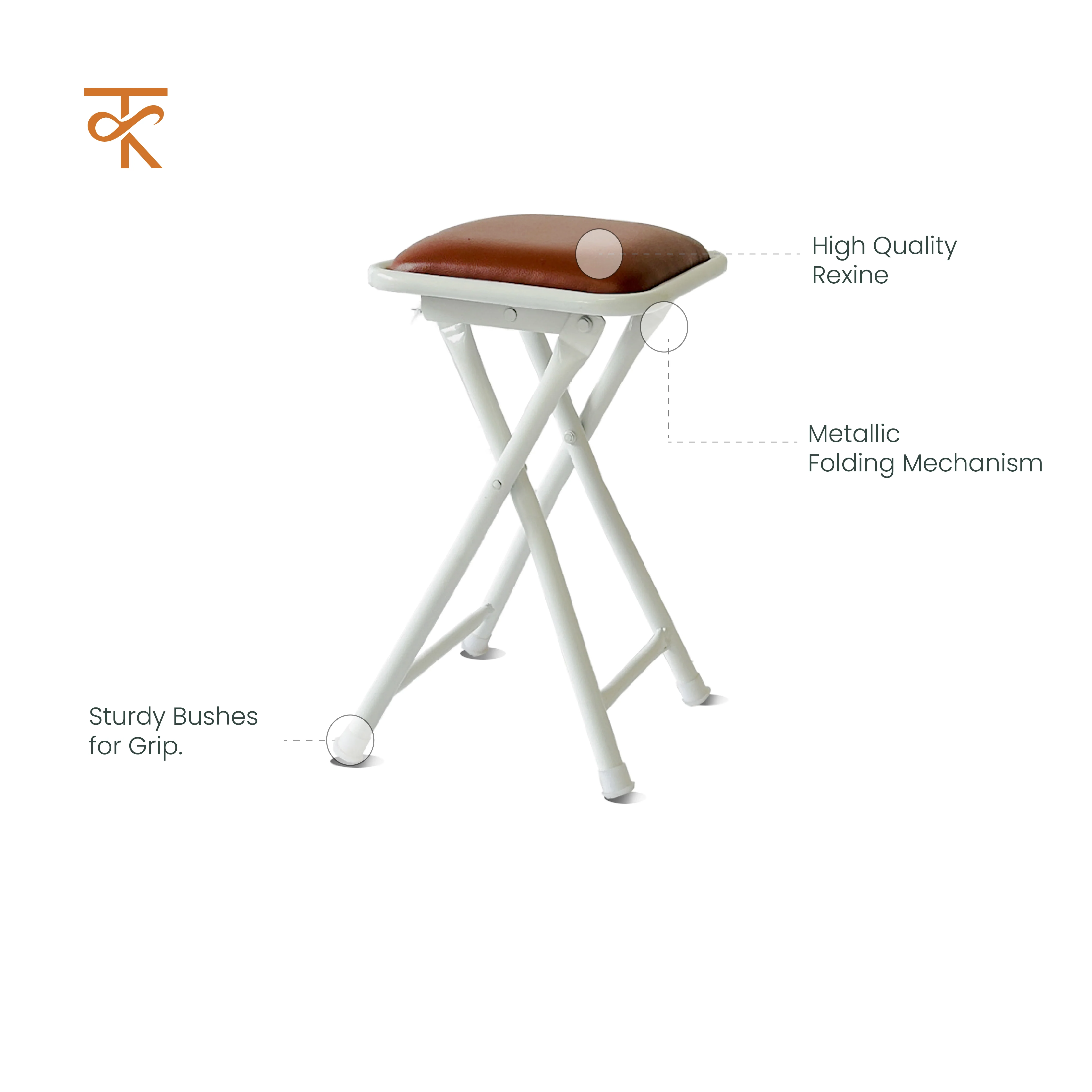 Dumroo Folding Stool with Brown Cushioned Seat, Heavy-Duty White Metal Legs, Collapsible Stool for Office, Dorm, Game Room - 6 Months Warranty (Pack of 2) - Image 3