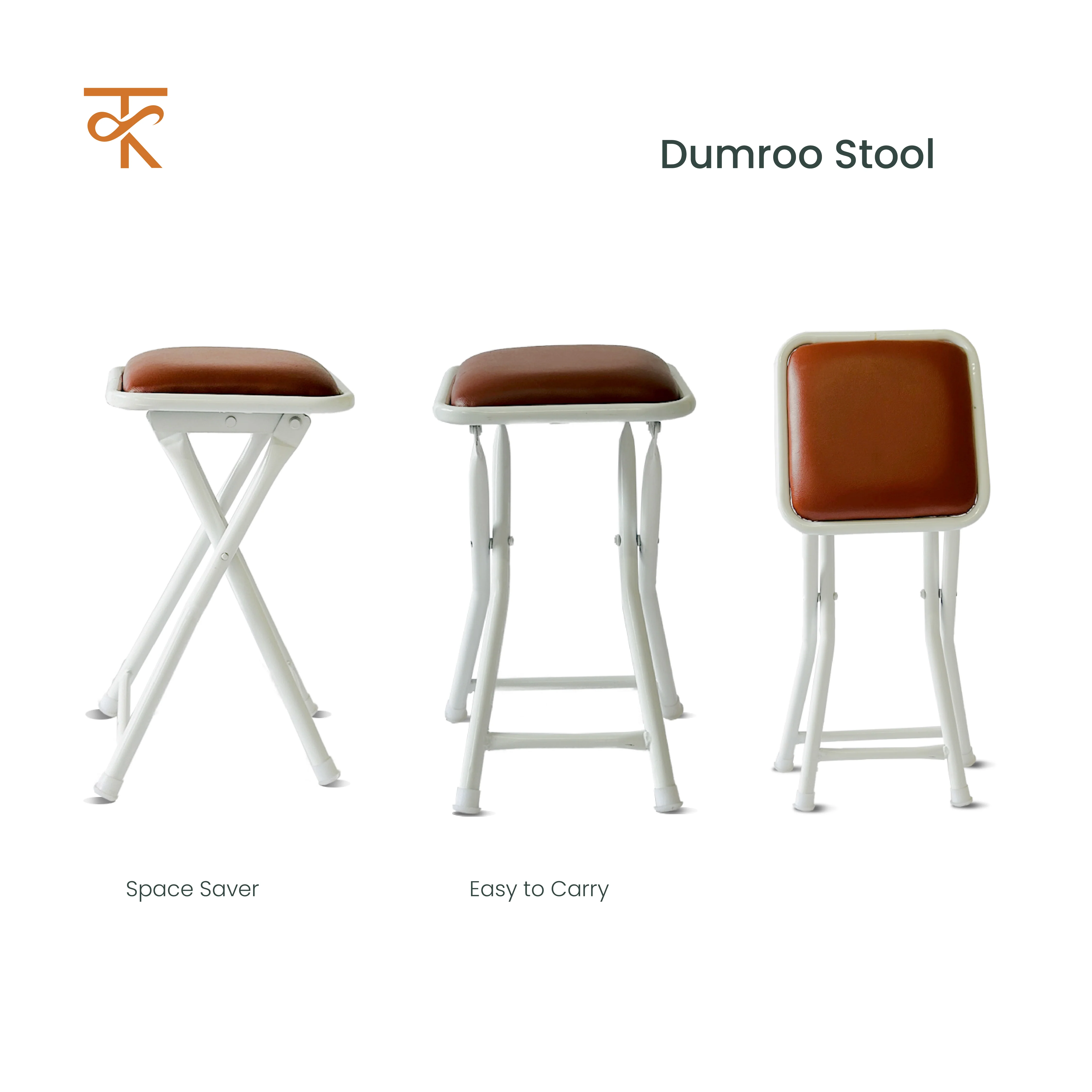 Dumroo Folding Stool with Brown Cushioned Seat, Heavy-Duty White Metal Legs, Collapsible Stool for Office, Dorm, Game Room - 6 Months Warranty (Pack of 2) - Image 4