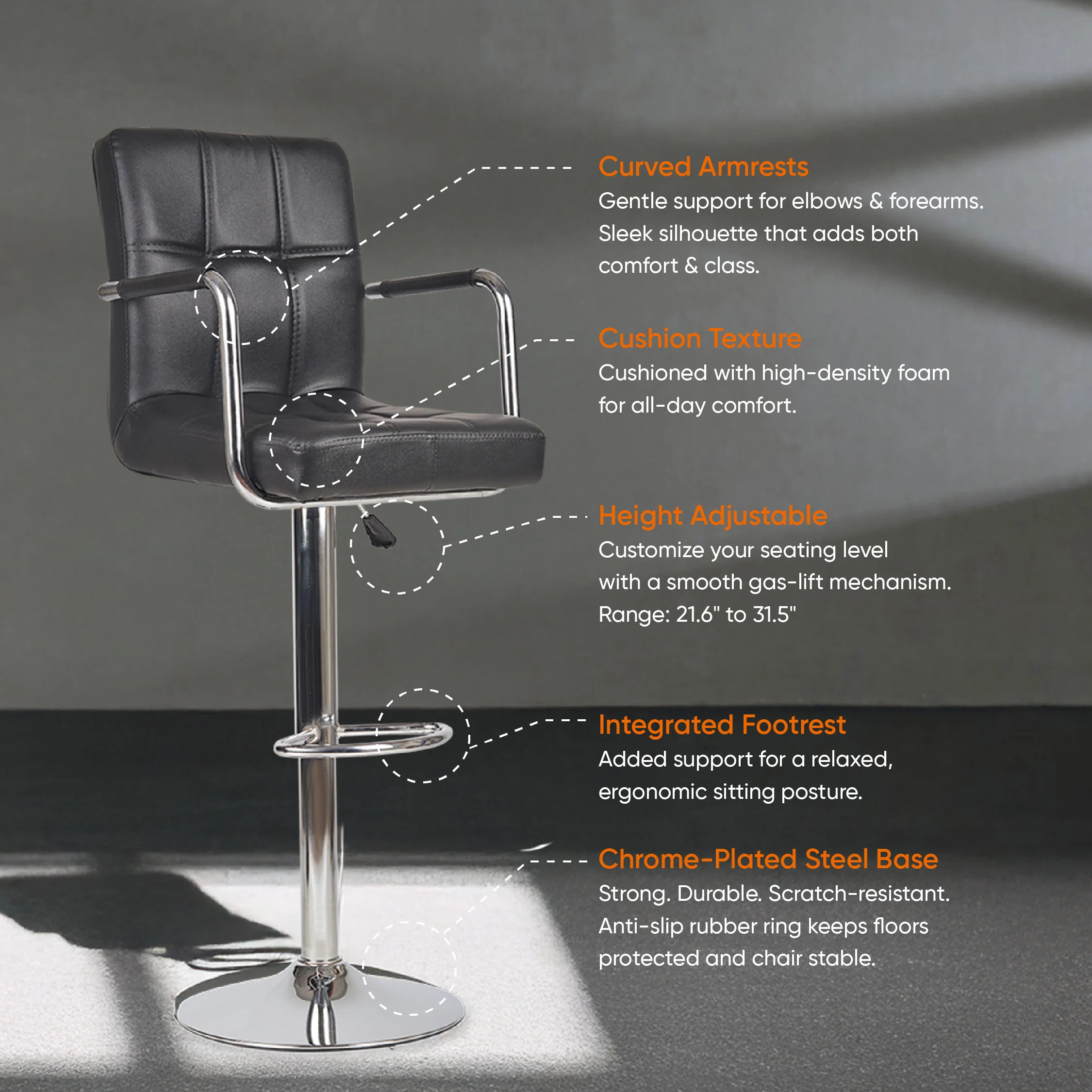 Fluffy Bar Chair - Modern Adjustable Height Barstool with 360° Swivel Seat & Footrest - For Home Kitchen, 6-Month Warranty - Black (Pack of 1) - Image 3