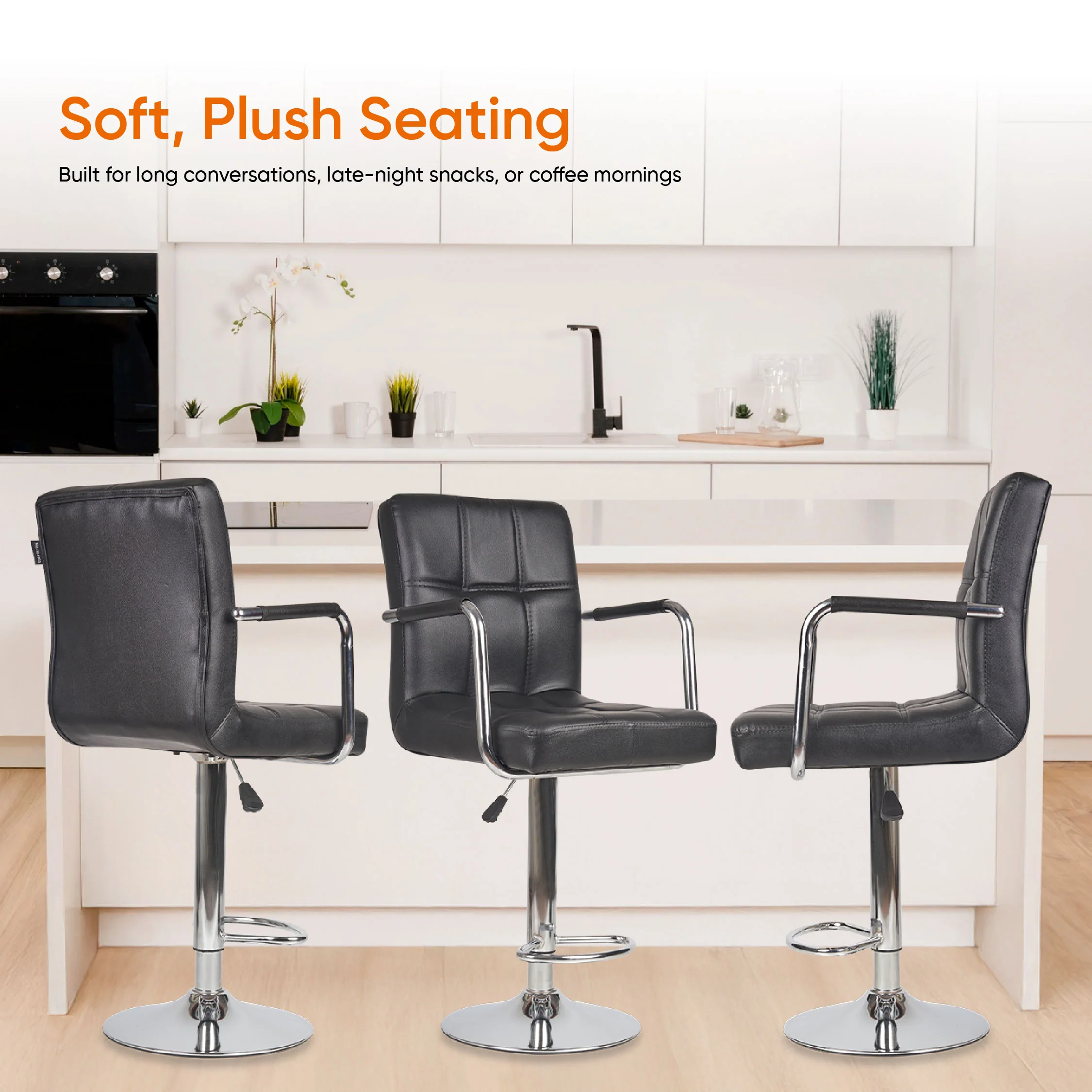 Fluffy Bar Chair - Modern Adjustable Height Barstool with 360° Swivel Seat & Footrest - For Home Kitchen, 6-Month Warranty - Black (Pack of 1) - Image 4