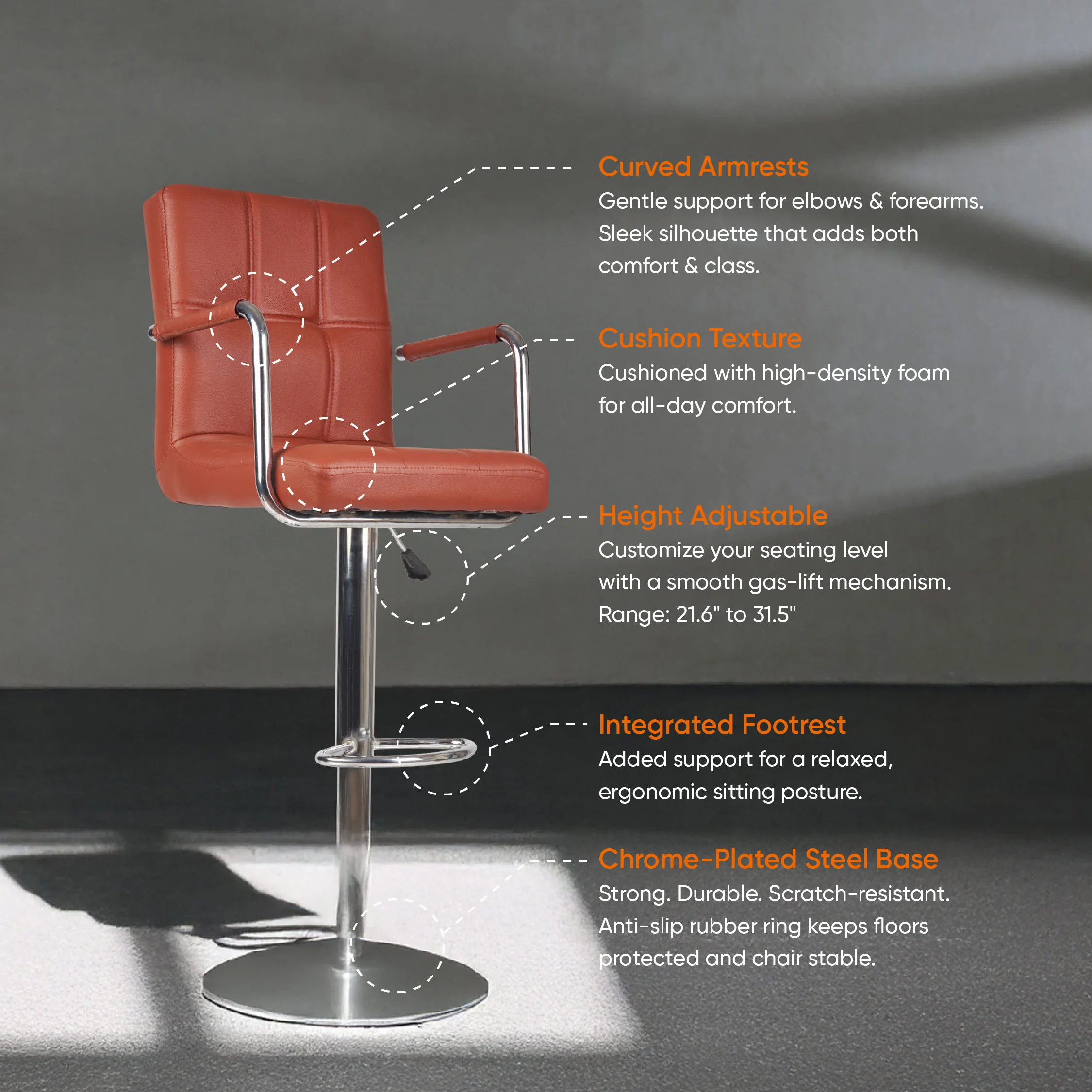 Fluffy Bar Chair - Modern Adjustable Height Barstool with 360° Swivel Seat & Footrest - For Home Kitchen, 6-Month Warranty - Brown (Pack of 1) - Image 3