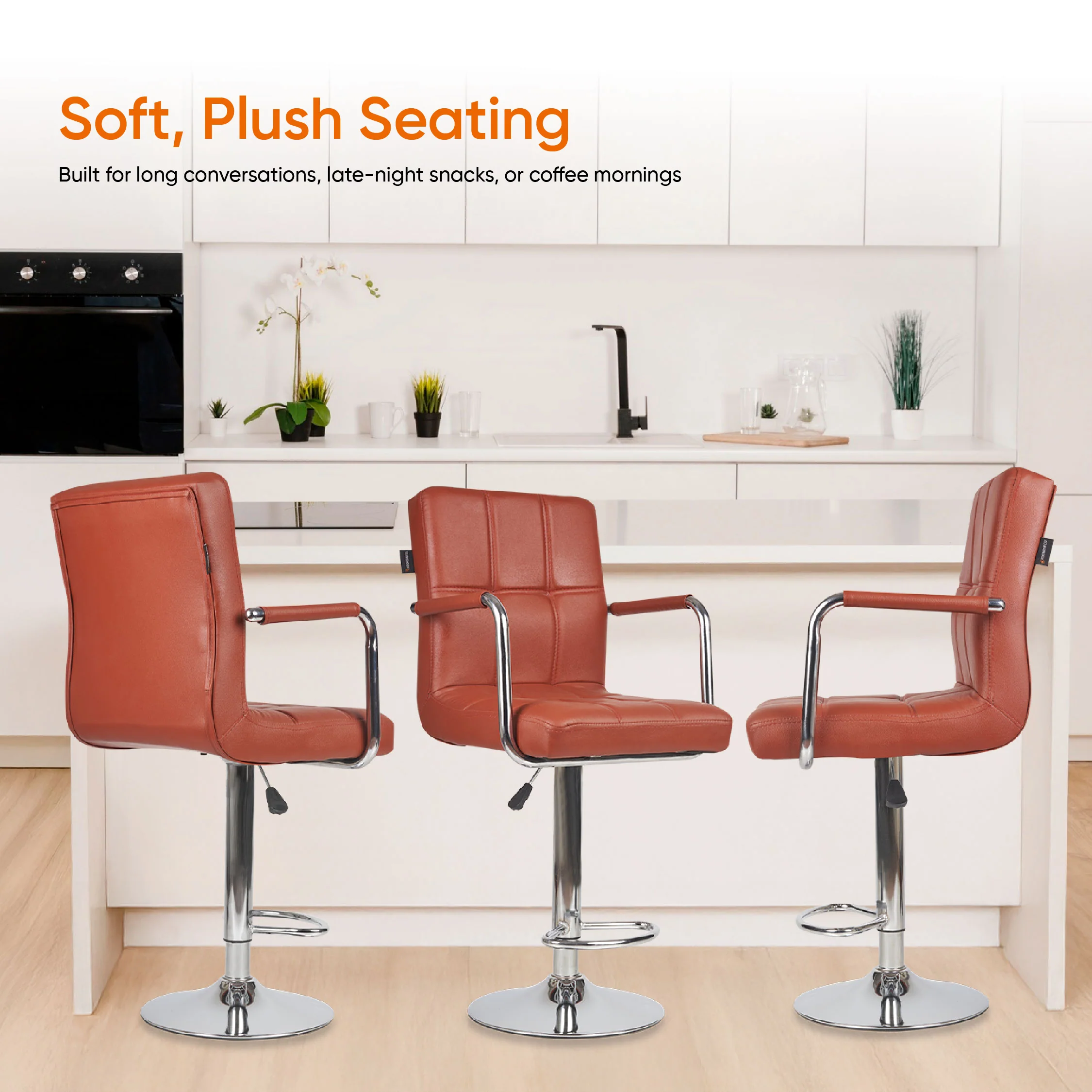 Fluffy Bar Chair - Modern Adjustable Height Barstool with 360° Swivel Seat & Footrest - For Home Kitchen, 6-Month Warranty - Brown (Pack of 1) - Image 4