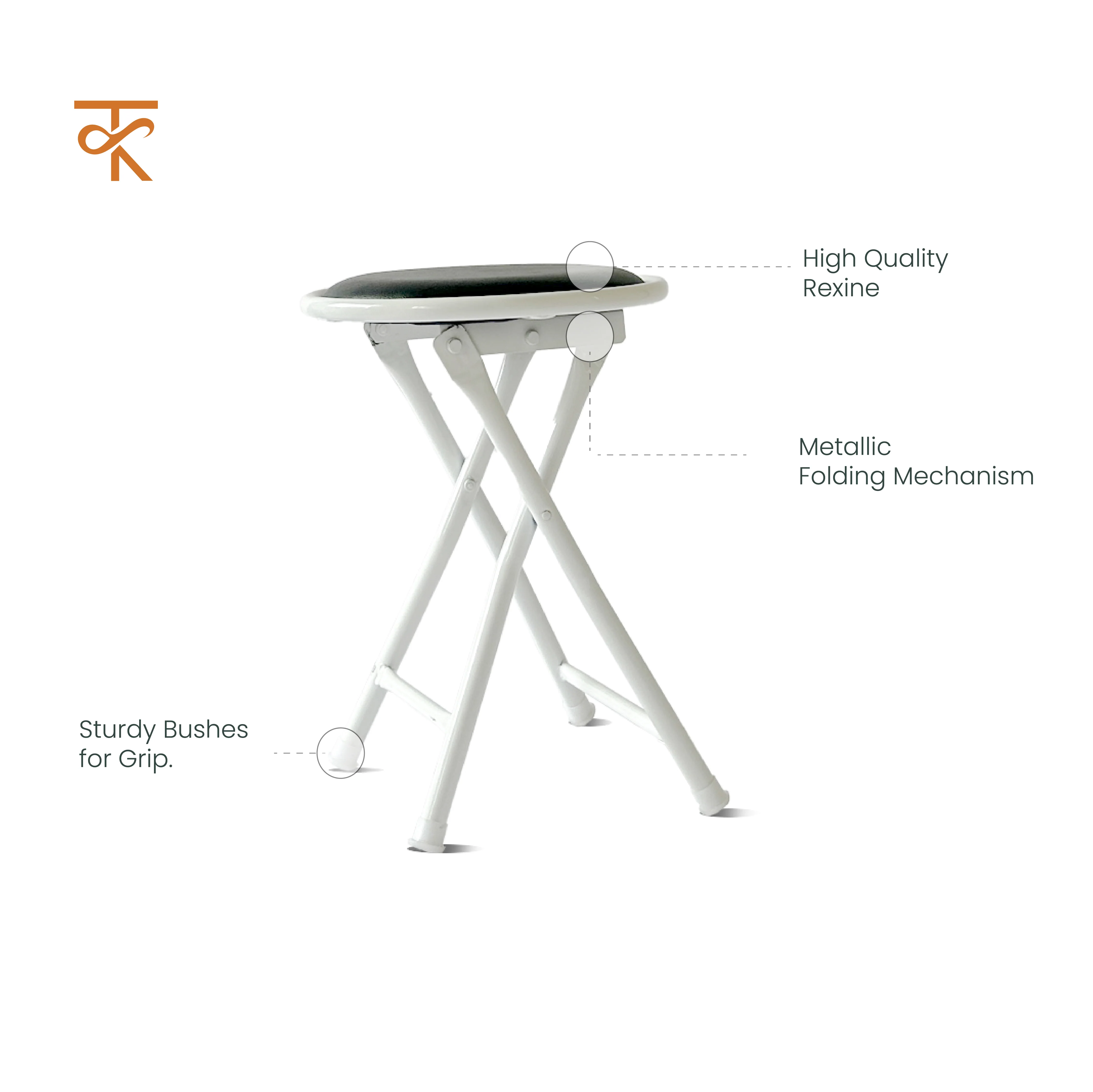 Round Folding Stool with Black Cushioned Seat, Heavy-Duty White Metal Legs, Collapsible Stool for Office, Dorm, Game Room - 6 Months Warranty (Pack of 2) - Image 3