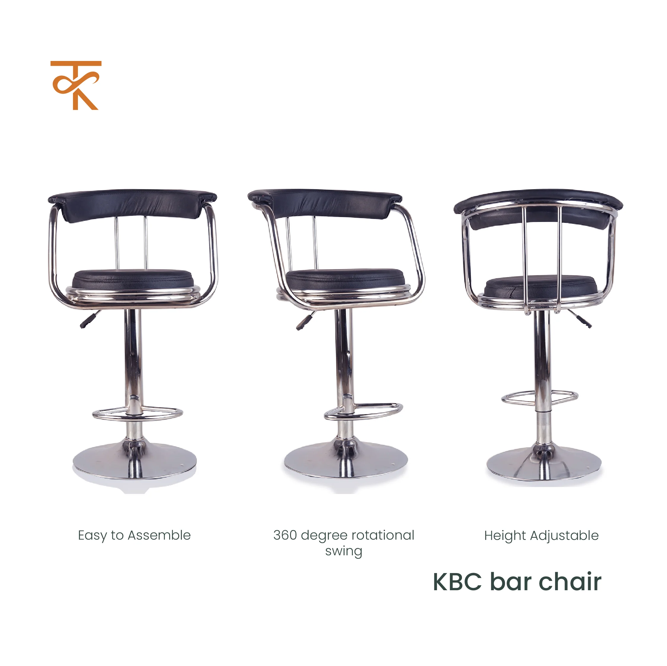 KBC Bar Chair – Adjustable High Barstool with 360° Swivel, Leatherette Upholstery & Chrome Base – For Kitchen, Pubs, Office – 6 Months Warranty-Black (Pack of 1) - Image 4