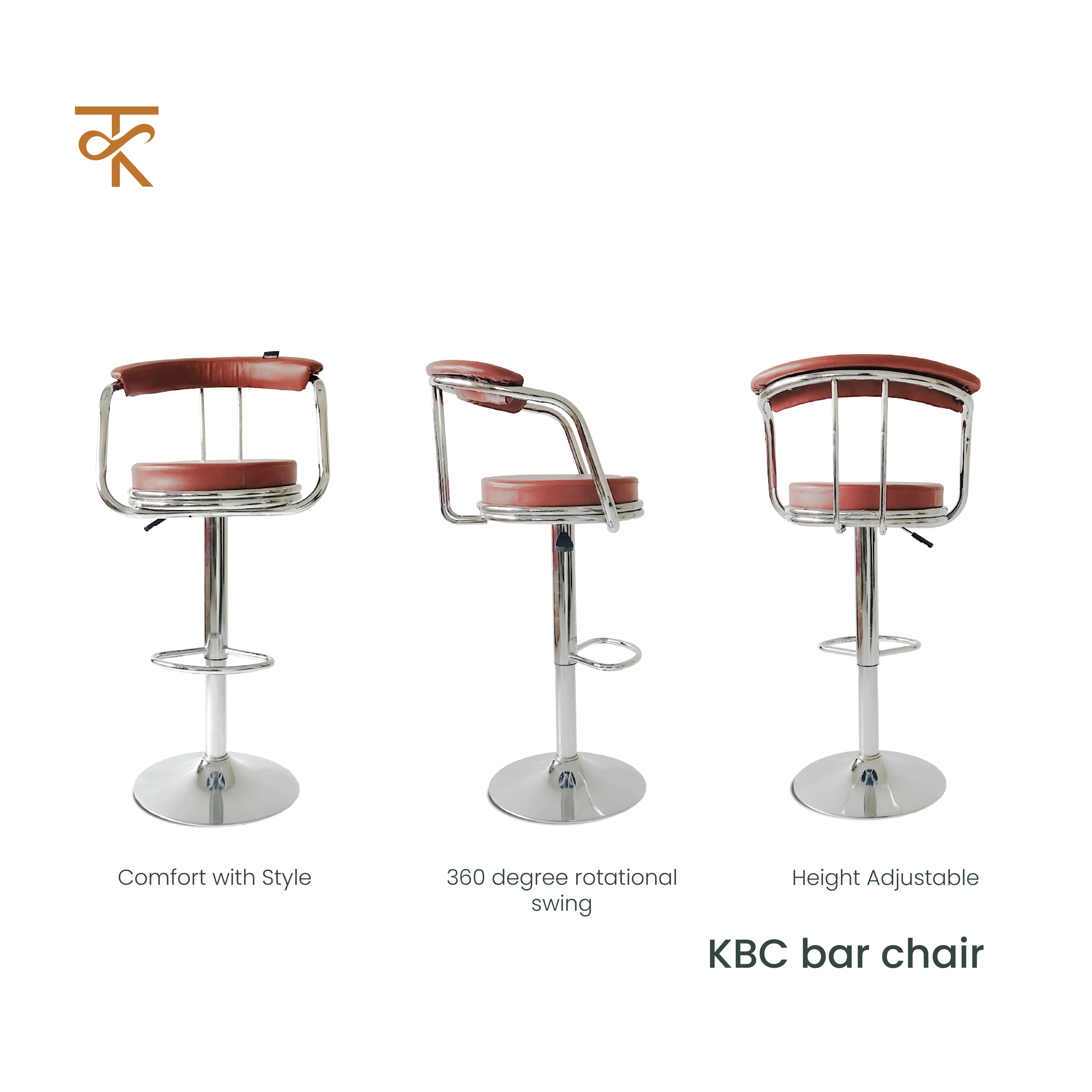 KBC Bar Chair – Adjustable High Barstool with 360° Swivel, Leatherette Upholstery & Chrome Base – For Kitchen, Pubs, Office – 6 Months Warranty Brown (Pack of 2) - Image 4