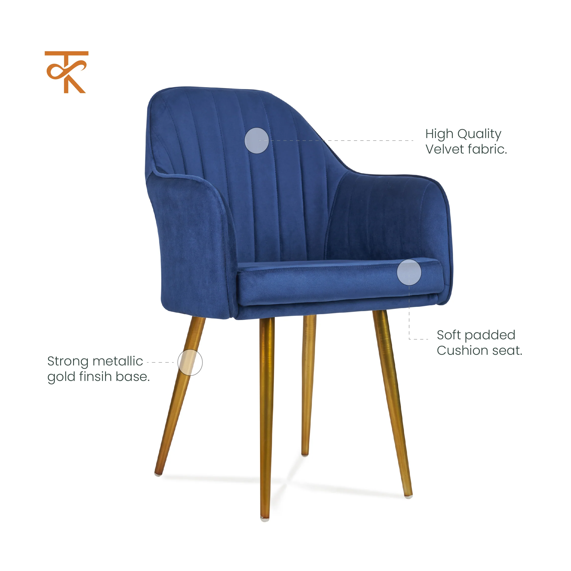 Neelam Velvet Accent Chair - Heavy Duty Rose Gold Metal Legs, Cushioned Dining Chair for Home & Restaurant, 6 Months Warranty (Pack of 1) - Image 3