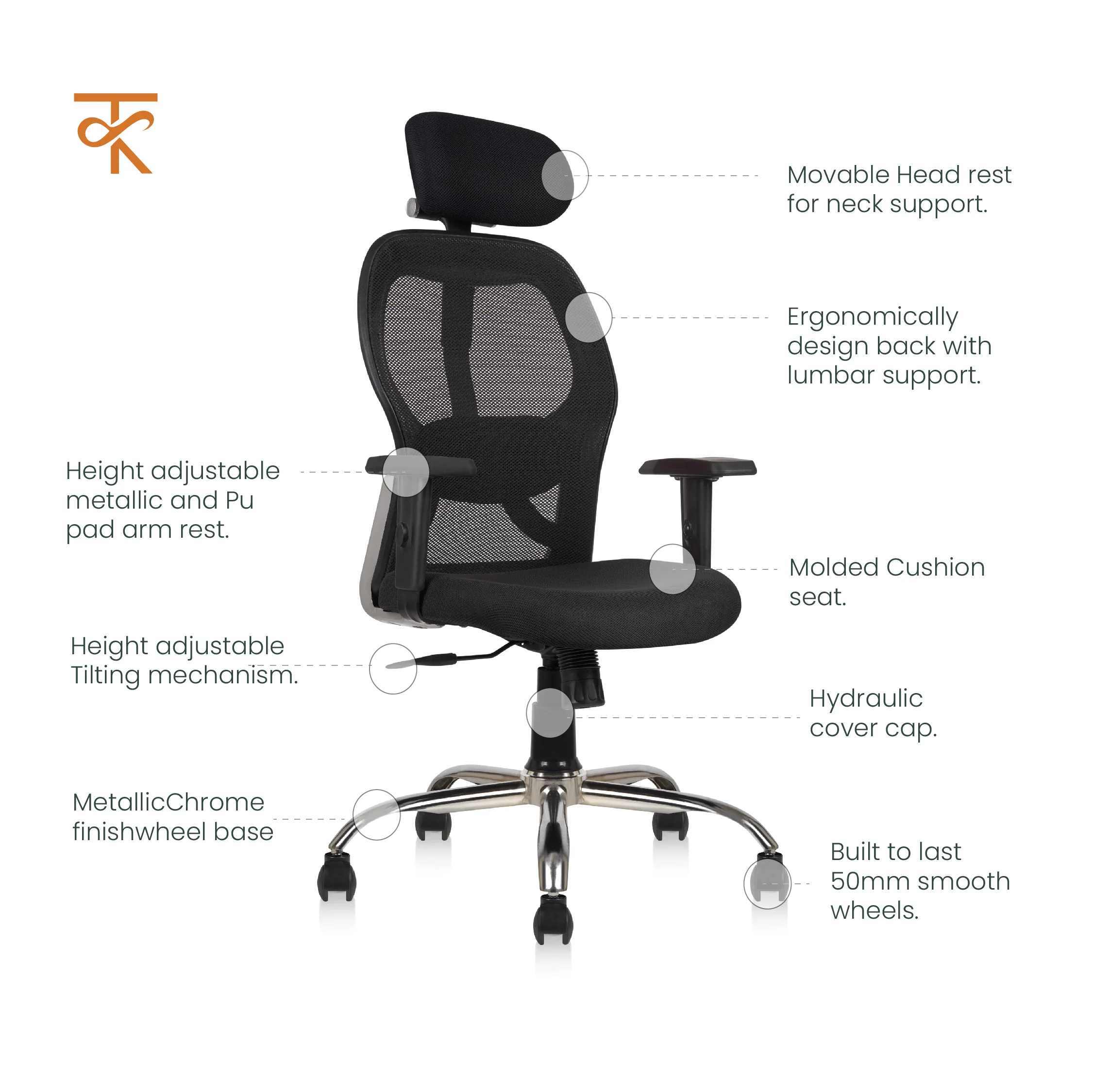 Matrix High Back Ergnomic Office Chair - Adjustable Lumbar Support & Headrest, Breathable Mesh, 360° Swivel, Height/Tilt Adjustment (Black) - Image 4