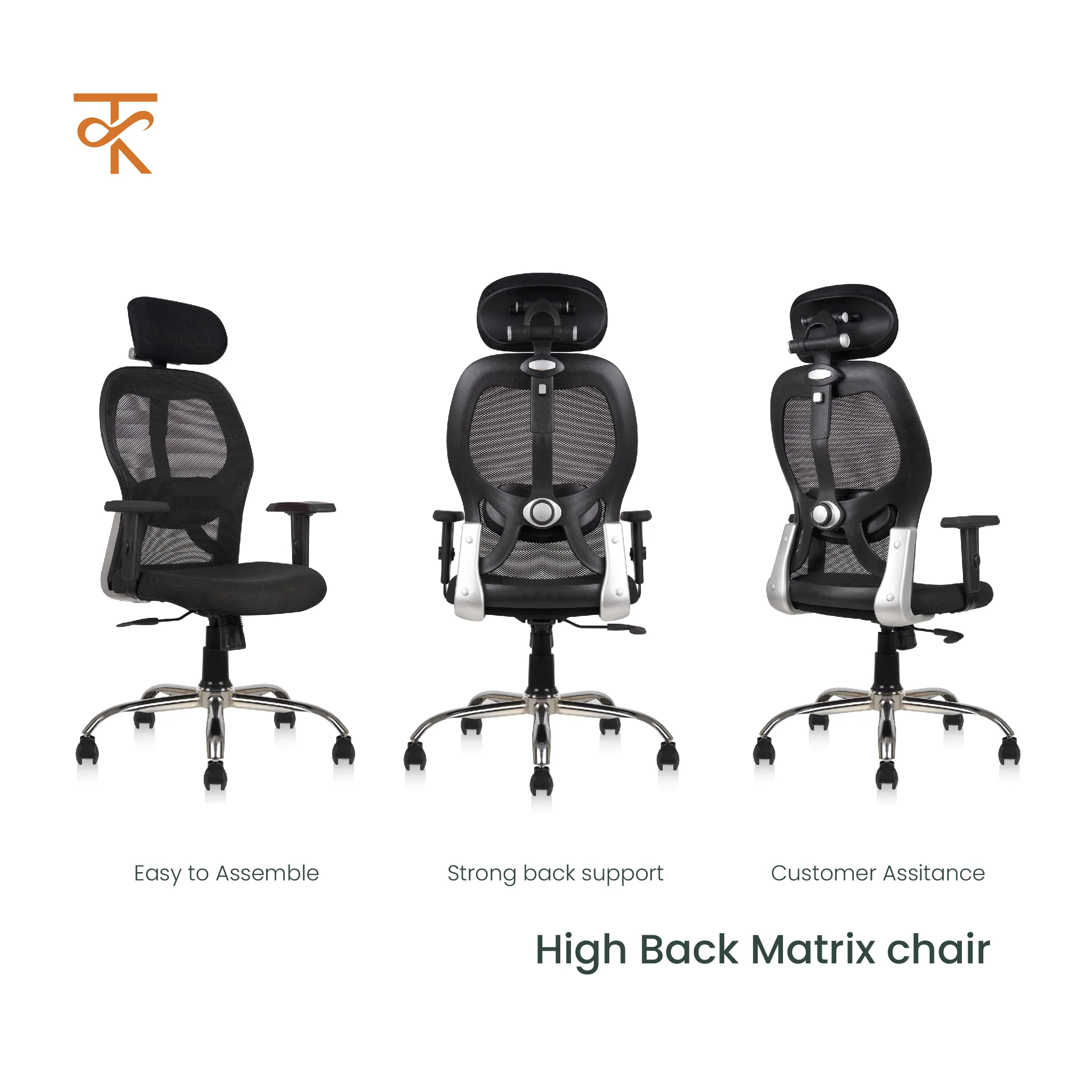 Matrix High Back Ergnomic Office Chair - Adjustable Lumbar Support & Headrest, Breathable Mesh, 360° Swivel, Height/Tilt Adjustment (Black) - Image 5