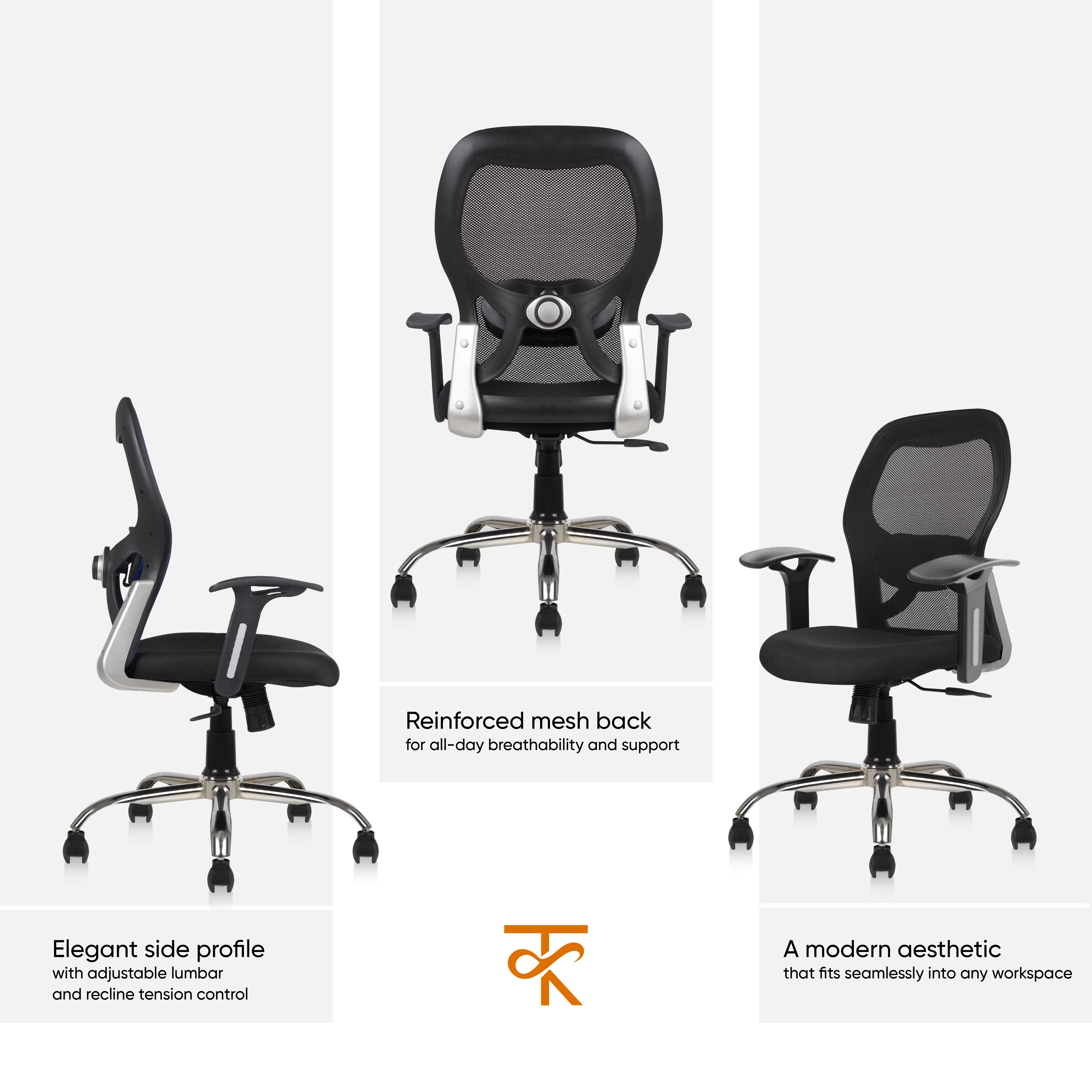 Matrix Mid Back Mesh Office Chair - Ergonomic with Fixed Armrest & Tilt Lock, Height Adjustable, 6 Months Warranty (Black) - Image 3