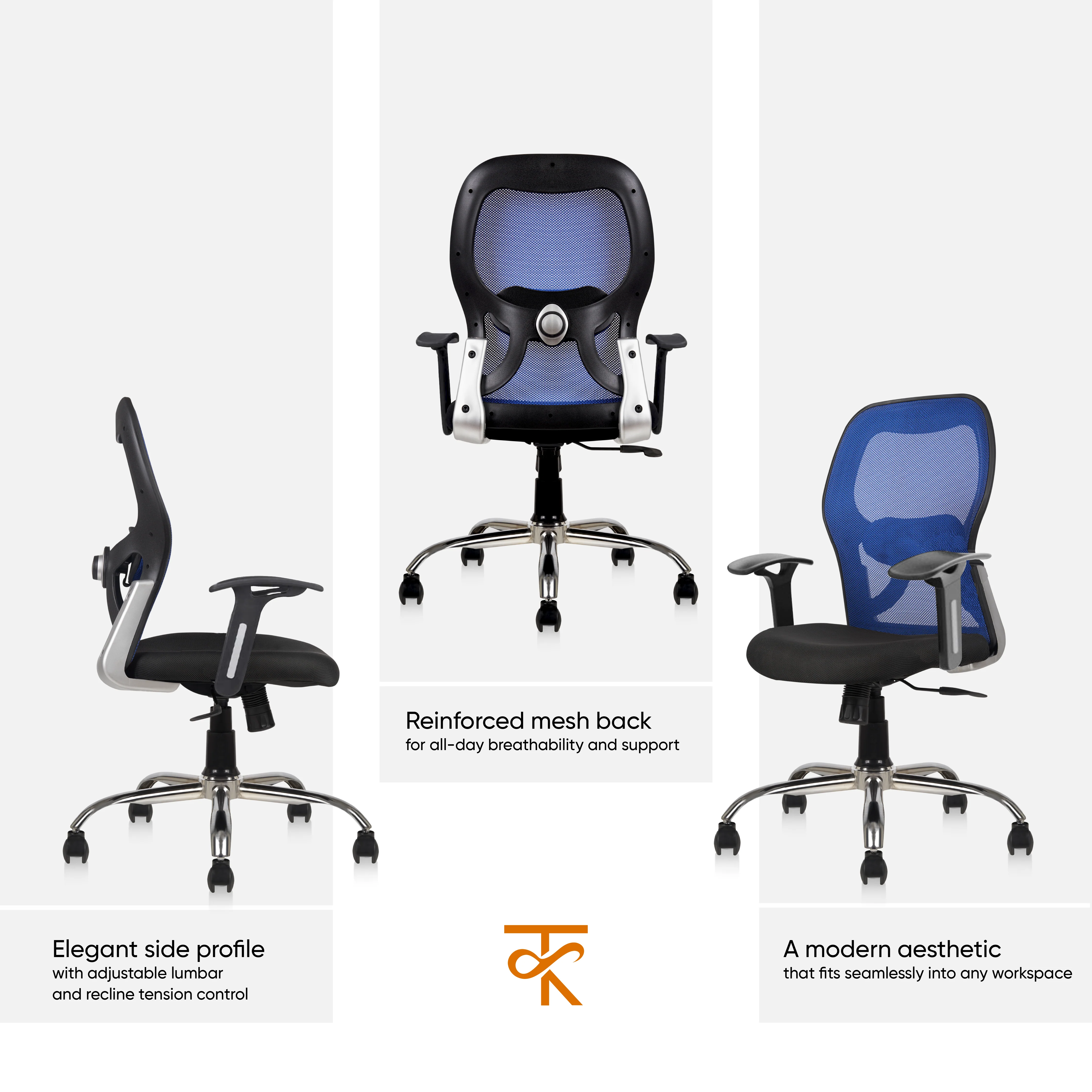 Matrix Mid Back Mesh Office Chair - Ergonomic with Fixed Armrest & Tilt Lock, Height Adjustable, 6 Months Warranty (Blue) - Image 3