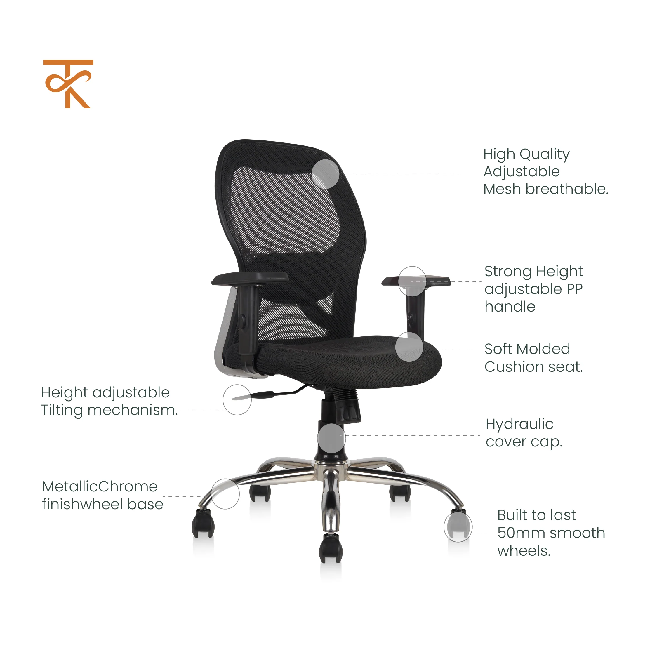 Matrix Mid Back Mesh Office Chair - Ergonomic with Adjustable Armrest & Tilt Lock, Height Adjustable, 6 Months Warranty (Black) - Image 4