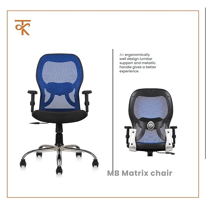 Matrix Mid Back Mesh Office Chair - Ergonomic with Adjustable Armrest & Tilt Lock, Height Adjustable, 6 Months Warranty (Blue) - Image 3