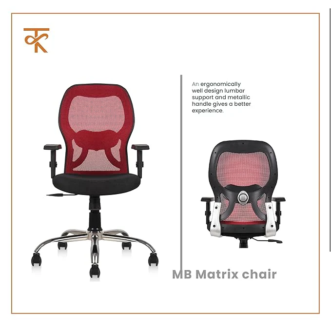 Matrix Mid Back Mesh Office Chair - Ergonomic with Adjustable Armrest & Tilt Lock, Height Adjustable, 6 Months Warranty (Red) - Image 3