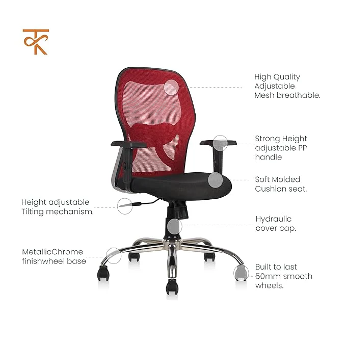 Matrix Mid Back Mesh Office Chair - Ergonomic with Adjustable Armrest & Tilt Lock, Height Adjustable, 6 Months Warranty (Red) - Image 4