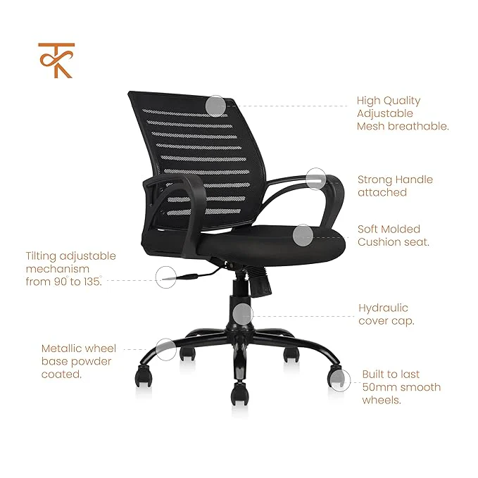 Aaram Mid Back Mesh Erogonomic Office Chair - Adjustable Height & Tilt, 360° Swivel - 6 Months Warranty (Black) - Image 3