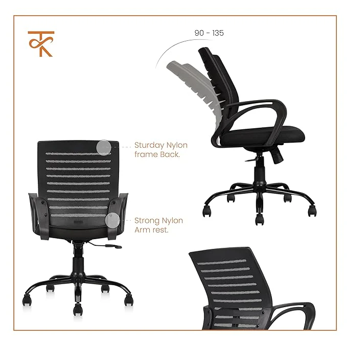 Aaram Mid Back Mesh Erogonomic Office Chair - Adjustable Height & Tilt, 360° Swivel - 6 Months Warranty (Black) - Image 4