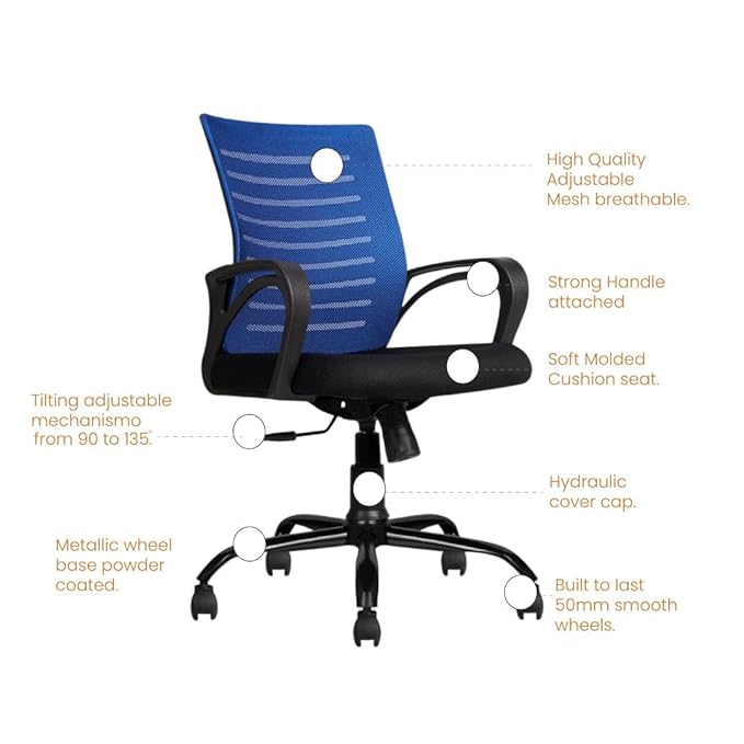 Aaram Mid Back Mesh Erogonomic Office Chair - Adjustable Height & Tilt, 360° Swivel - 6 Months Warranty (Blue) - Image 3