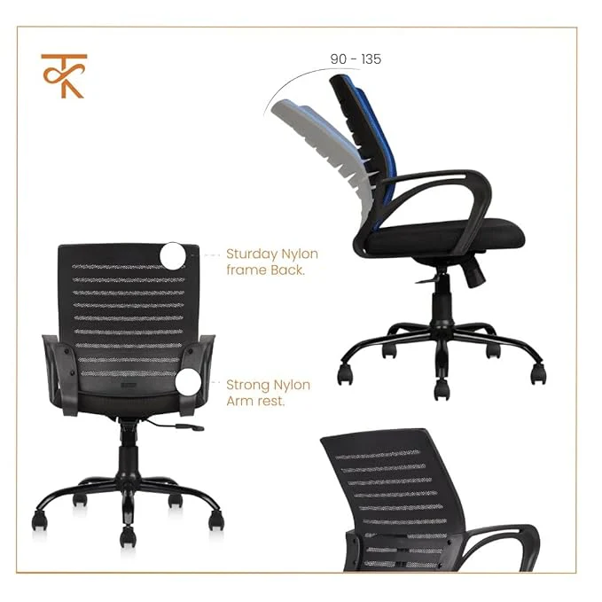 Aaram Mid Back Mesh Erogonomic Office Chair - Adjustable Height & Tilt, 360° Swivel - 6 Months Warranty (Blue) - Image 4