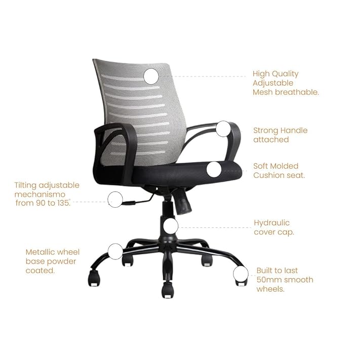 Aaram Mid Back Mesh Erogonomic Office Chair - Adjustable Height & Tilt, 360° Swivel - 6 Months Warranty (Grey) - Image 3