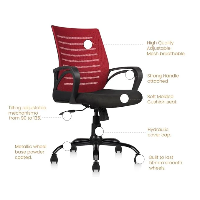 Aaram Mid Back Mesh Erogonomic Office Chair - Adjustable Height & Tilt, 360° Swivel - 6 Months Warranty (Red) - Image 3