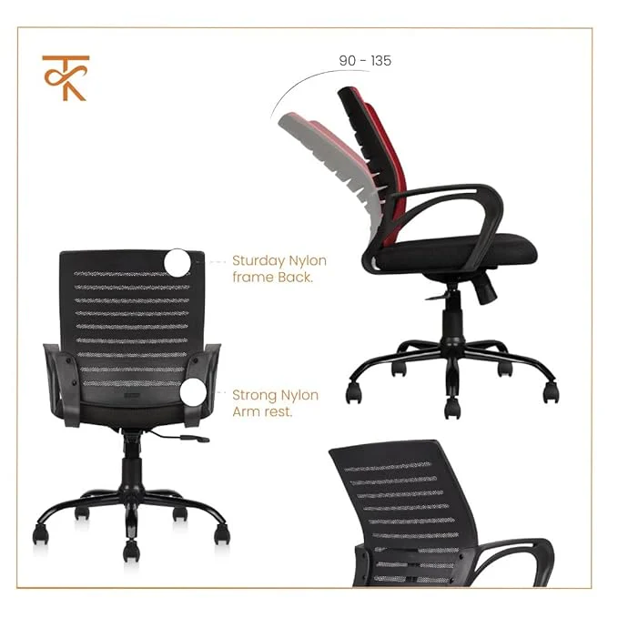 Aaram Mid Back Mesh Erogonomic Office Chair - Adjustable Height & Tilt, 360° Swivel - 6 Months Warranty (Red) - Image 4
