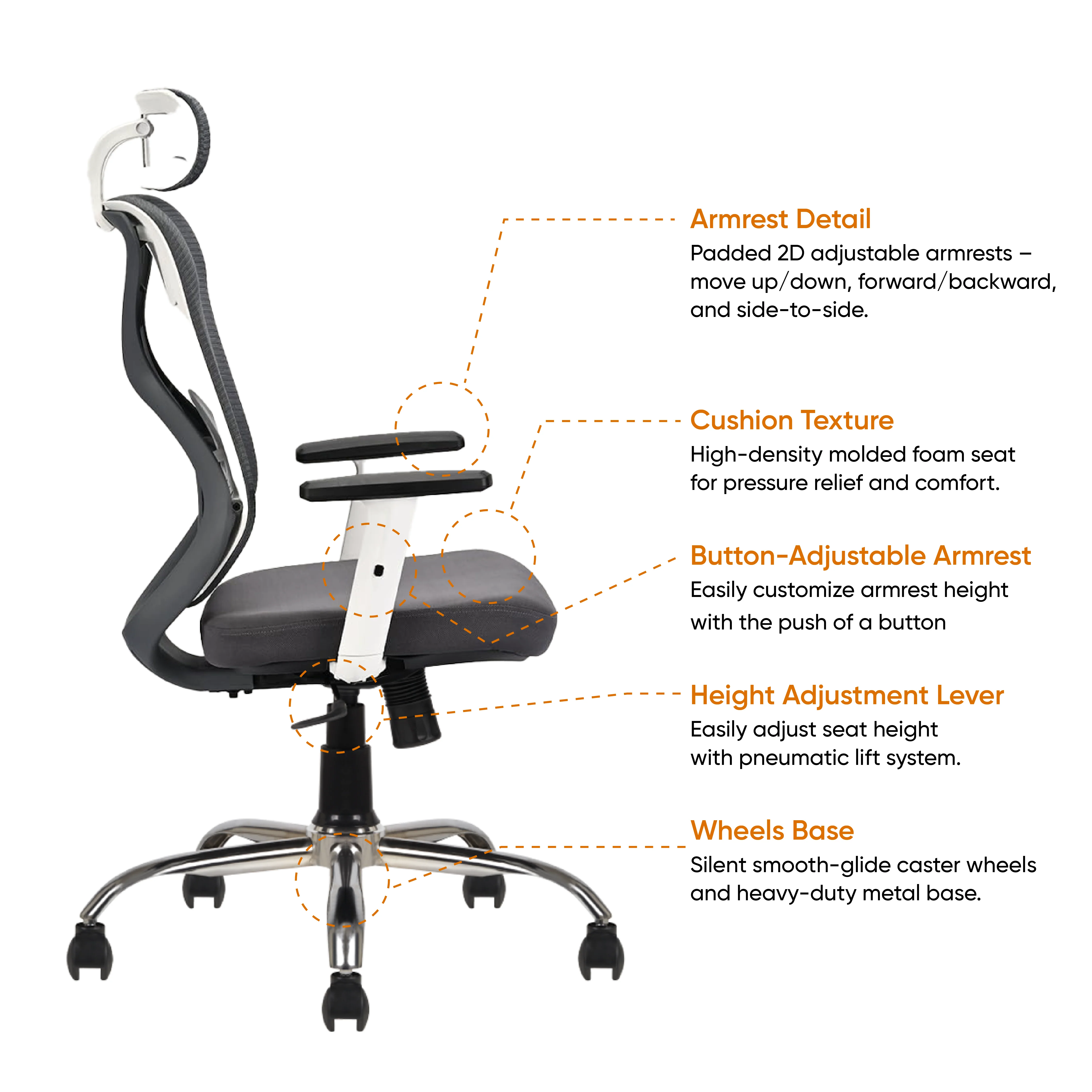 Modesty High Back Office Chair (White-Grey) - Image 4