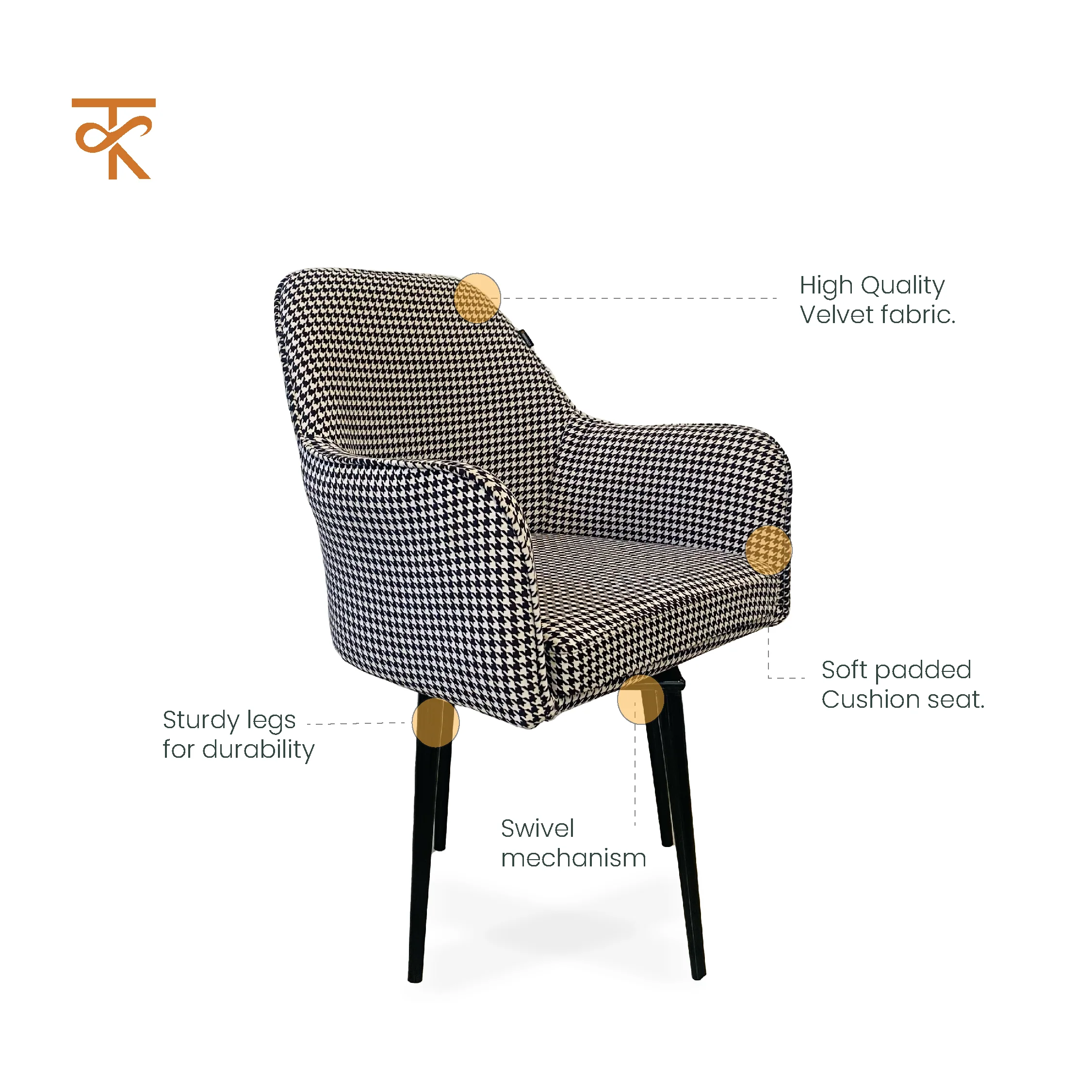 Naqsh Retro Velvet Swivel Accent Chair - Premium Lounge Chair for Living Room, Bedroom & Decor, 6 Months Warranty - Black and white - Image 3