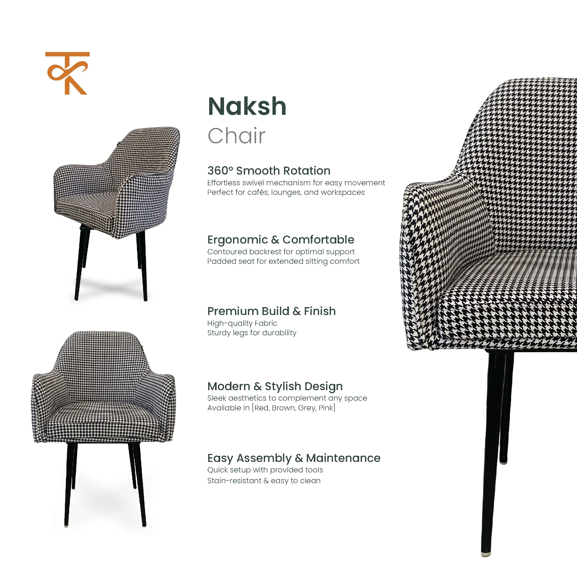 Naqsh Retro Velvet Swivel Accent Chair - Premium Lounge Chair for Living Room, Bedroom & Decor, 6 Months Warranty - Black and white - Image 6