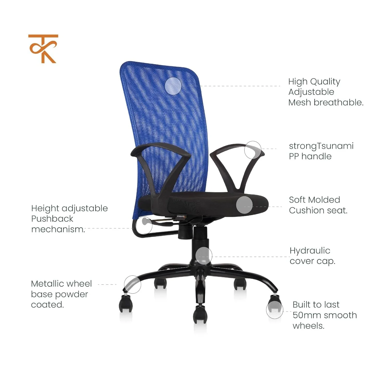 Ohio Sigma High Back Erogonomic Office Chair- Adjustable & Comfortable Mesh Chair with 135° Recline (Blue) - Image 3