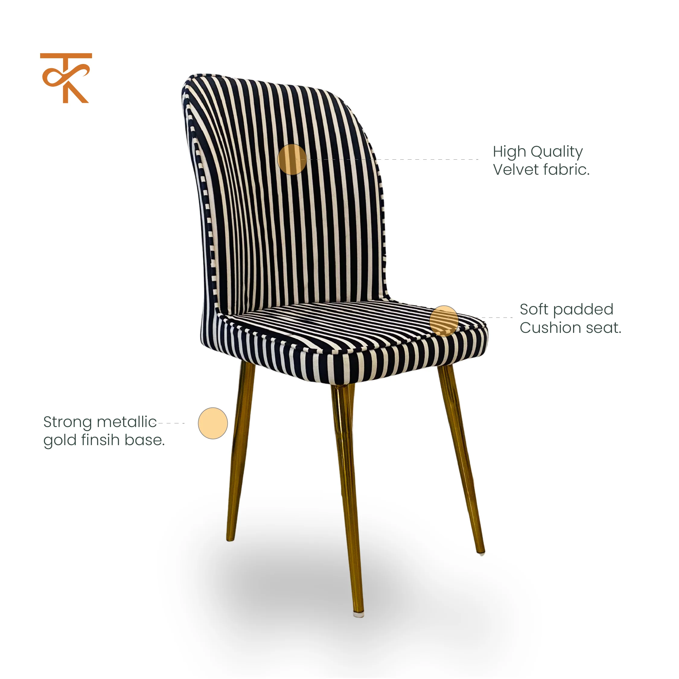 Ikai Retro Premium Dining Chair Modern Velvet Accent Chair for Living Room, Bedroom & Dining with Heavy-Duty Black coated Legs , 6 Months Warranty, Black & White   (Pack 1) - Image 3