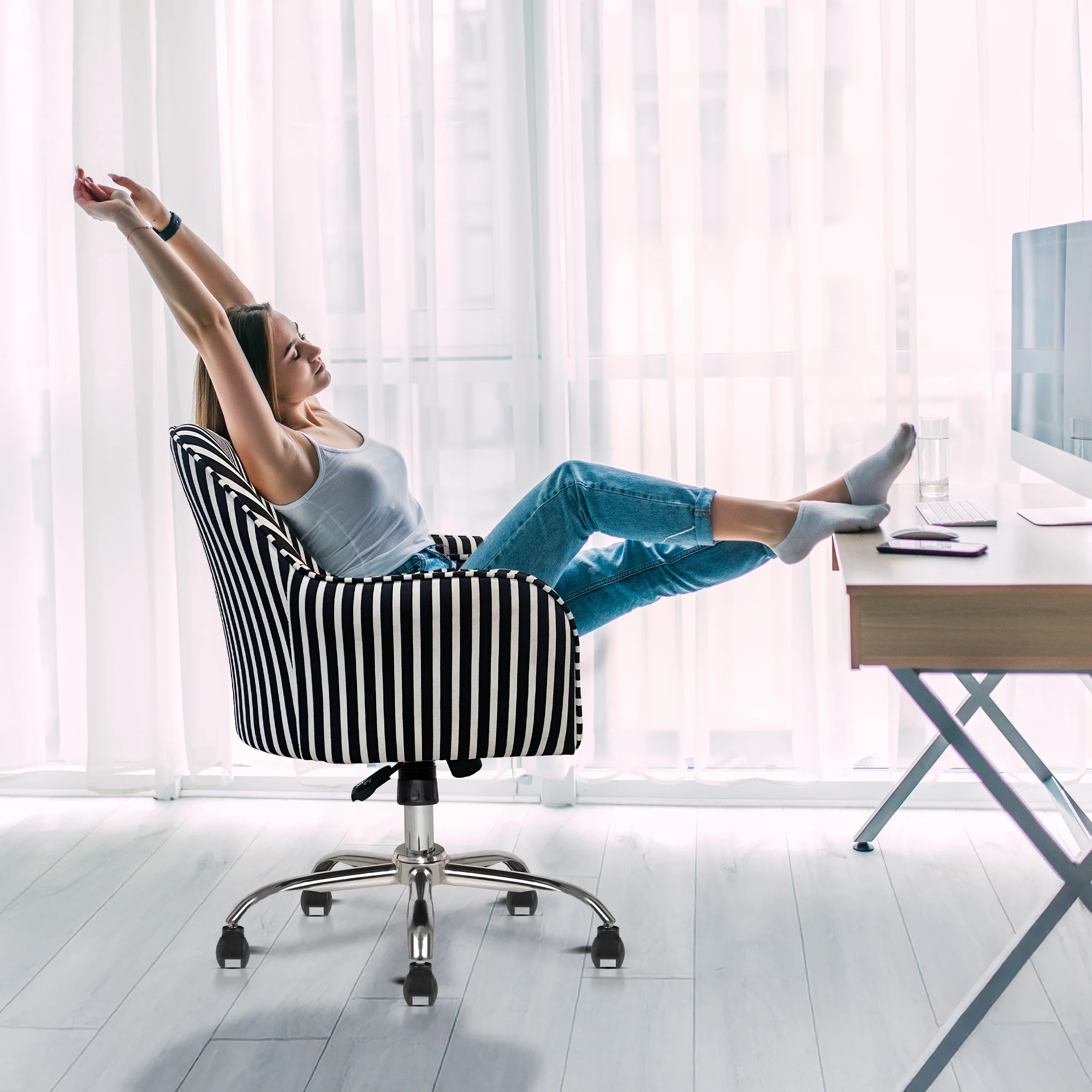 Retro Classic Office Chair  Adjustable Height, Tilt Lock, 360∞ Swivel, Heavy Duty Metal Base , 6 Months Warranty - Black & White - Image 5