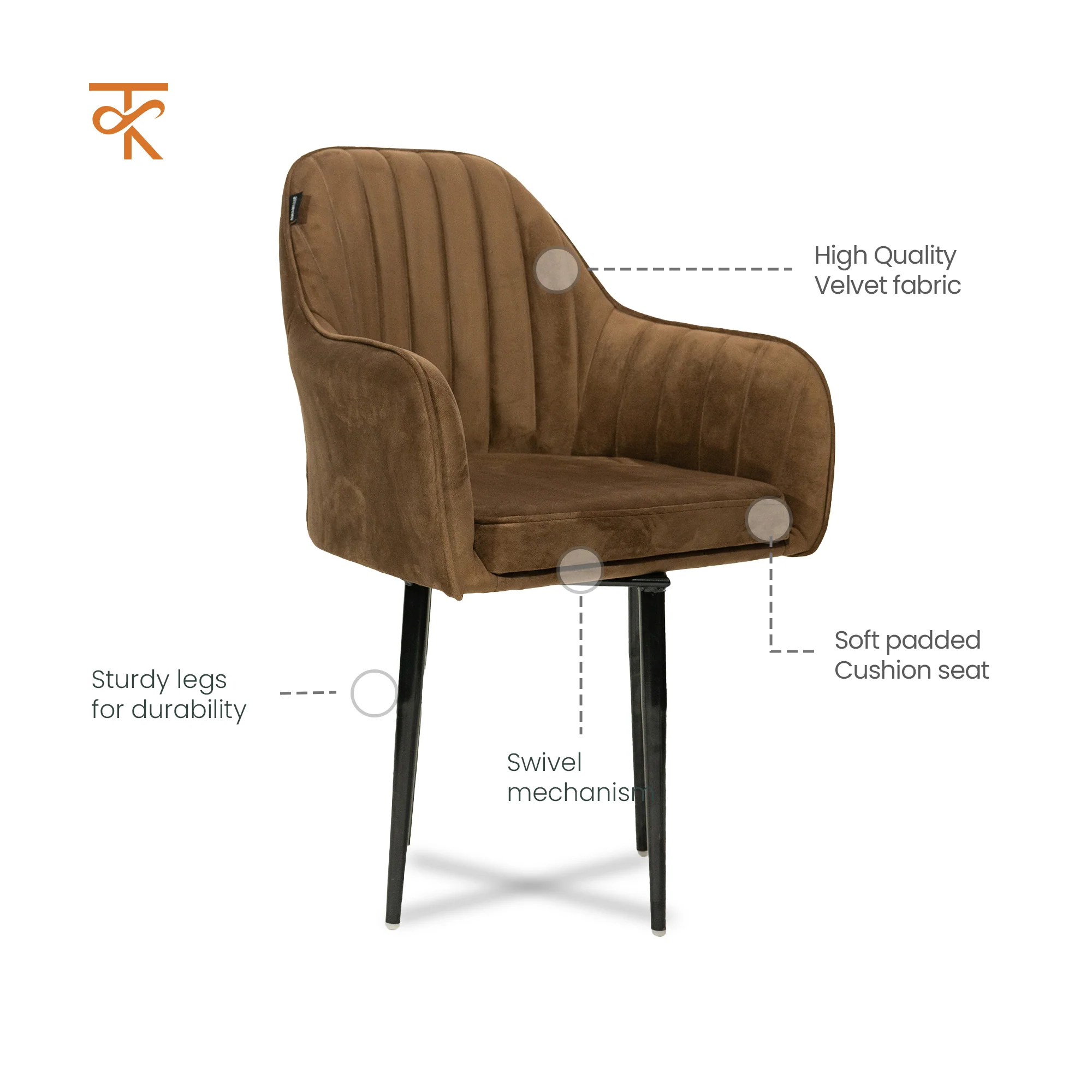 Aksh Velvet Swivel Accent Chair - Premium Lounge Chair for Living Room, Bedroom & Decor, 6 Months Warranty - Brown - Image 4