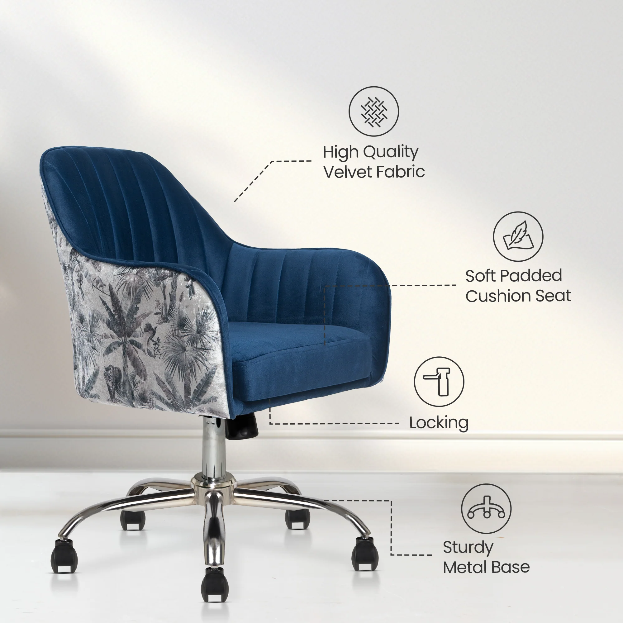 Sherni Accent Chair For Office - Adjustable Height, Tilt Lock, 360° Swivel, Heavy Duty Metal Base (Sapphire Blue) - Image 4