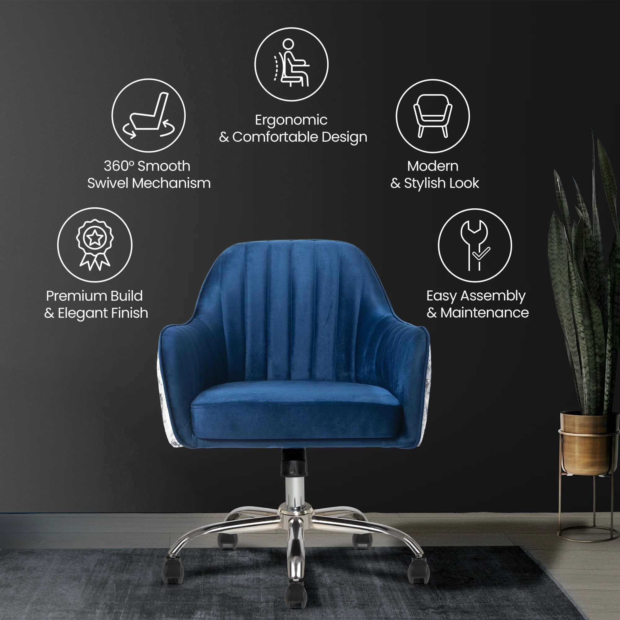 Sherni Accent Chair For Office - Adjustable Height, Tilt Lock, 360° Swivel, Heavy Duty Metal Base (Sapphire Blue) - Image 5